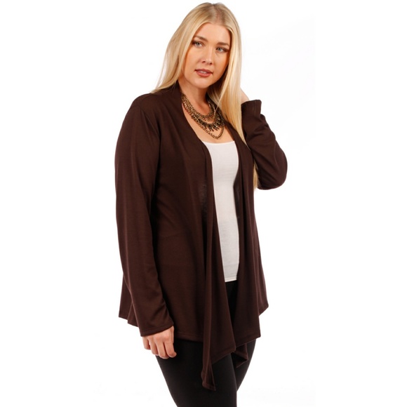 Waterfal Draped Open Style Knit Cardigan 123X BROW - Picture 4 of 4